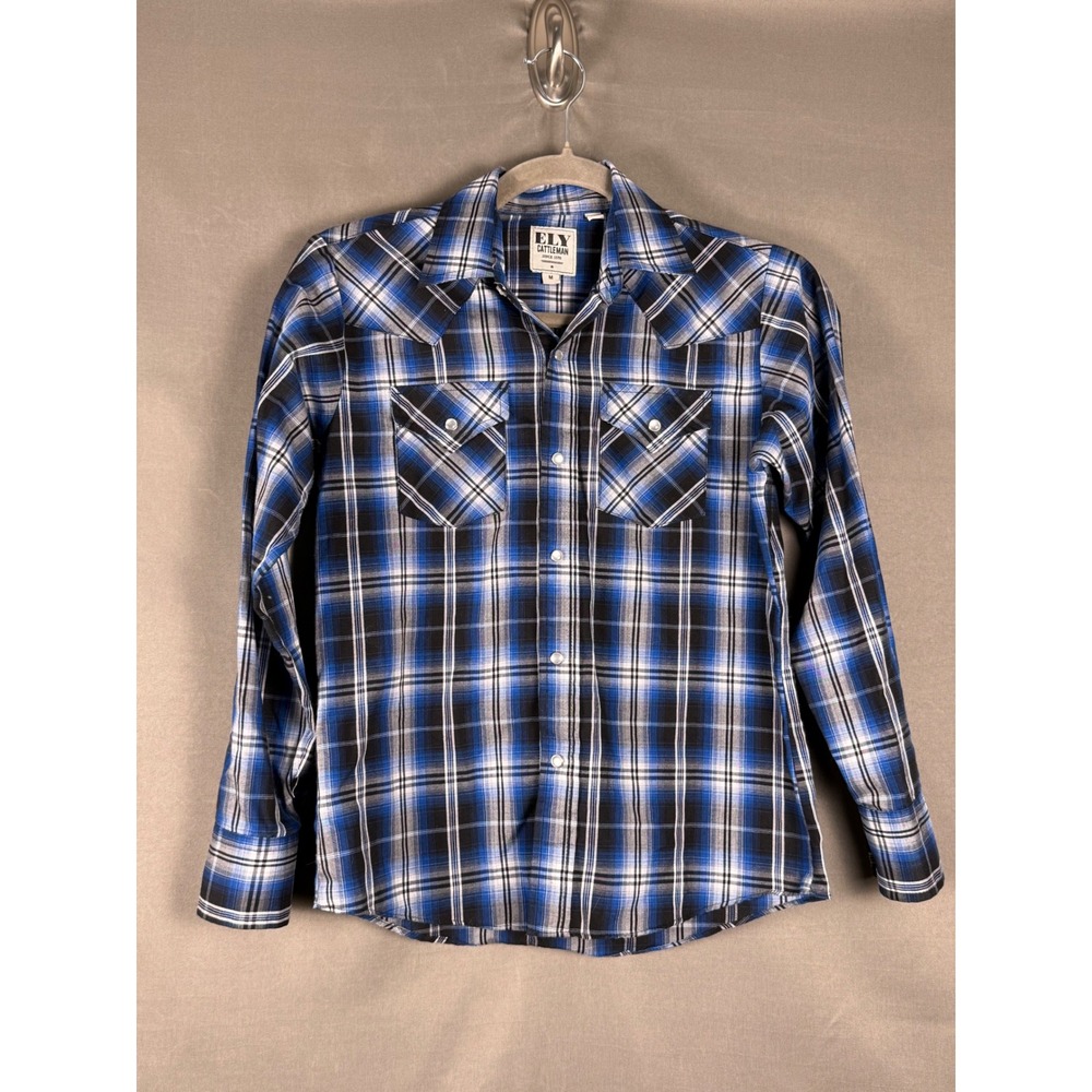 Ely Cattleman Western Shirt Kids Size M Blue Black Plaid Pearl Snap Long Sleeve